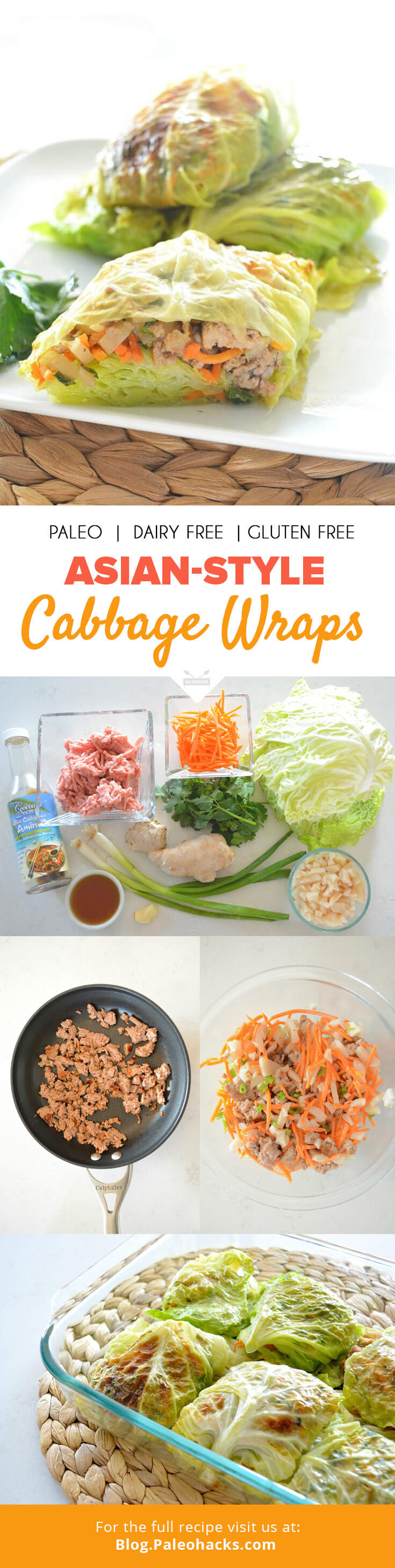 Stuffed cabbage wraps get an Asian-inspired twist in this recipe full of fresh ingredients. This recipe makes a large batch for a Paleo-style crowd pleaser.