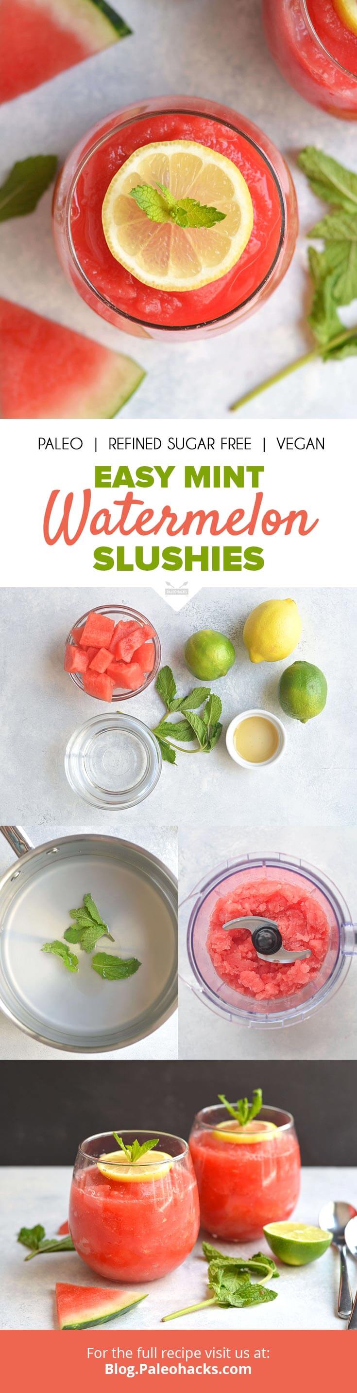 These thirst-quenching watermelon slushies are garnished with fresh mint leaves for an invigorating, icy drink. All you need is four ingredients!
