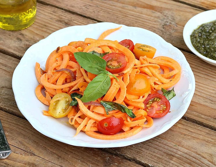 This sweet potato pasta is tossed with tomato and basil for a quick and easy one-pot dish that’s ready in under 30 minutes!