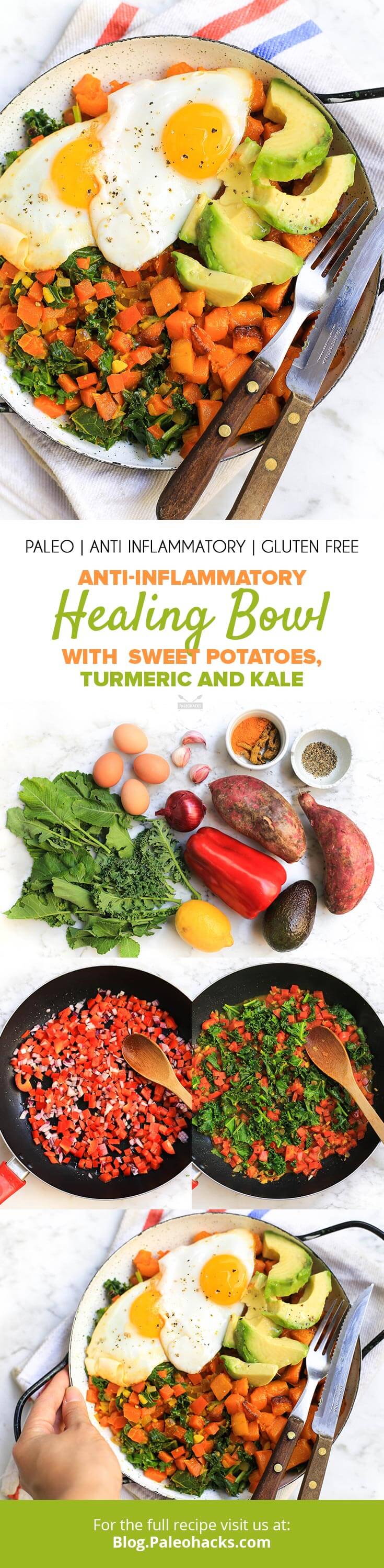 Dig into this super healthy healing bowl filled with vitamin-rich kale, sweet potato, eggs, avocado and anti-inflammatory turmeric!