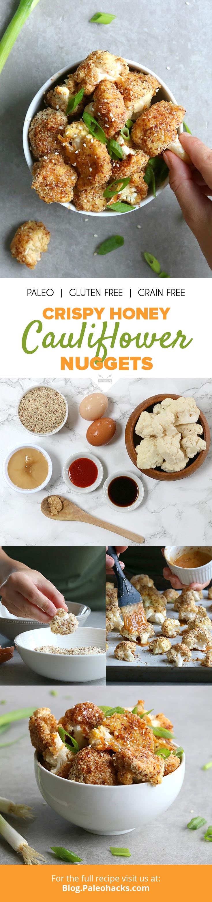 These sweet and sticky cauliflower nuggets are coated in almond meal and smothered in a raw honey garlic sauce for a dish that satisfies.