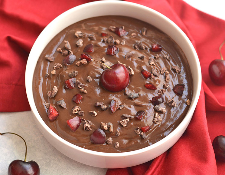 Luscious and creamy, antioxidant-rich and dairy free, this Black Forest Pudding gets topped with cherries and cacao nibs for a German-inspired dessert.