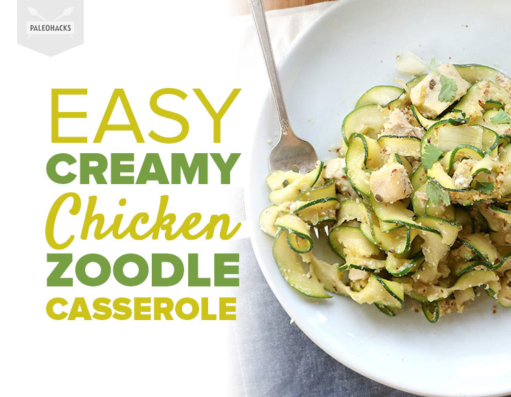 Tender chicken & zucchini noodles are tossed in a spicy coconut sauce and finished with a crispy almond meal topping for a healthy take on noodle casserole.