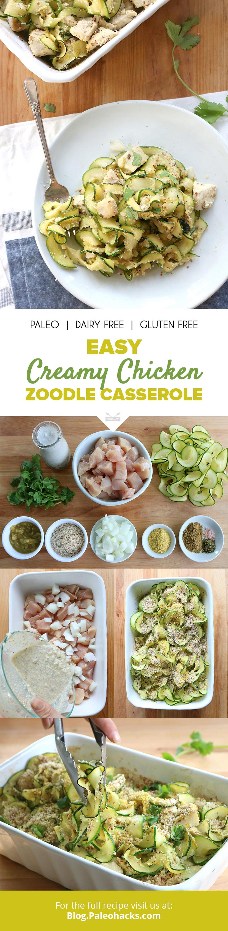 Tender chicken & zucchini noodles are tossed in a spicy coconut sauce and finished with a crispy almond meal topping for a healthy take on noodle casserole.