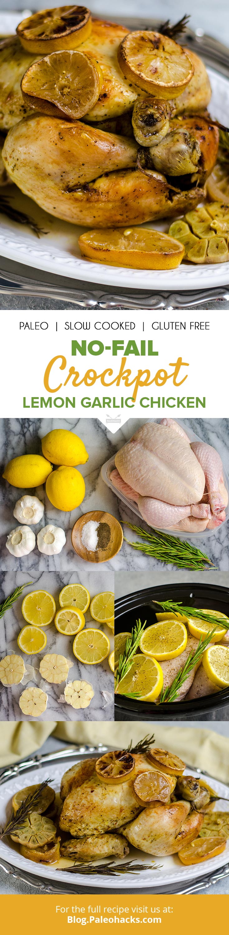 Rubbed with seasoning and nested on a bed of garlic and lemon, this lemon garlic chicken only requires four ingredients and a slowcooker.