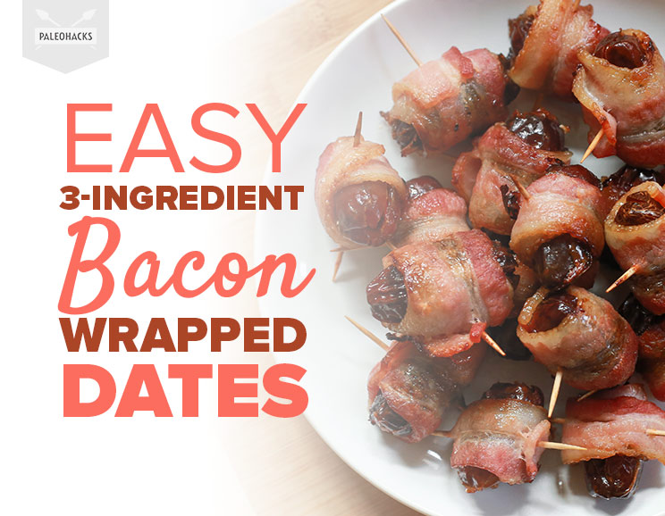 Savory bacon wraps around sweet dates and roasted in the oven for a classic appetizer on a stick.