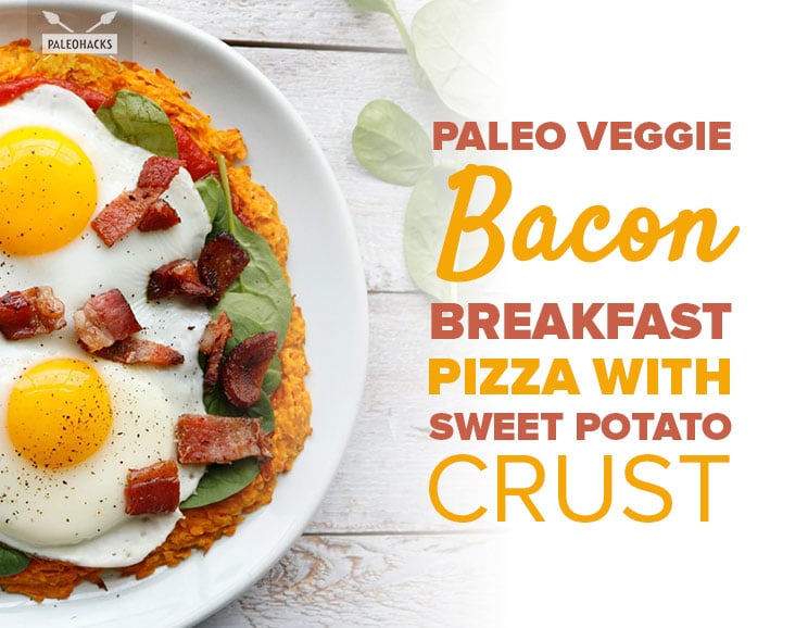 Enjoy pizza for breakfast with this egg, spinach and bacon pie served on a sweet potato crust.