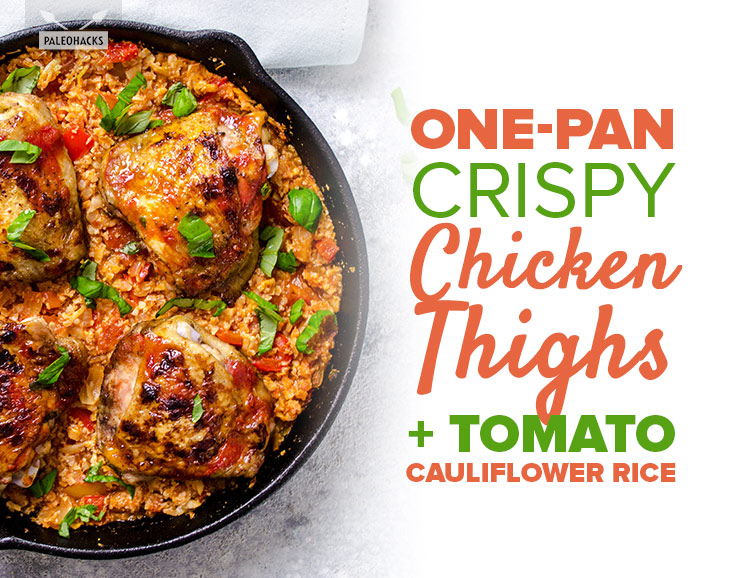 Jazz up your basic one-pan dinner with this crispy skin chicken over tomato-infused cauliflower rice.