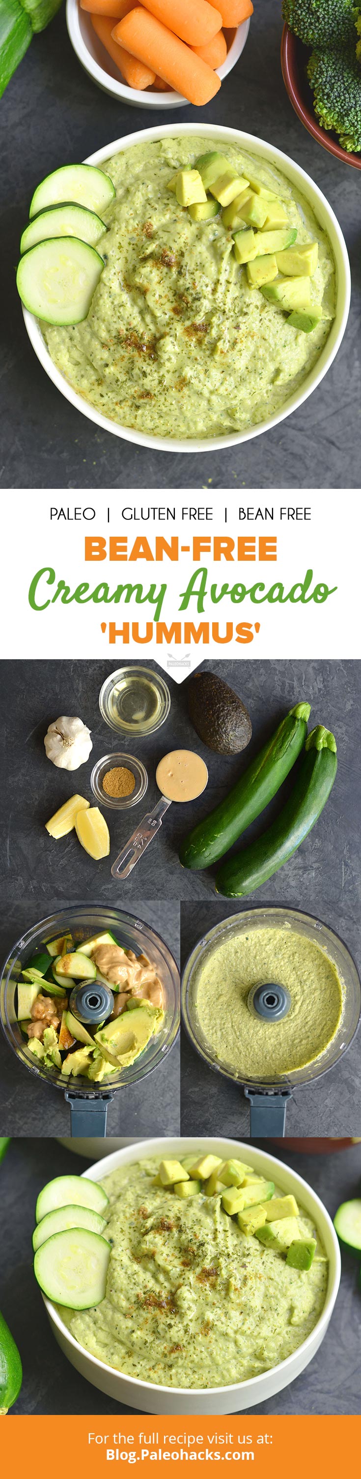 Avocado gets blended with zucchini, tahini, and zesty lemon for an uber creamy, bean-free hummus.