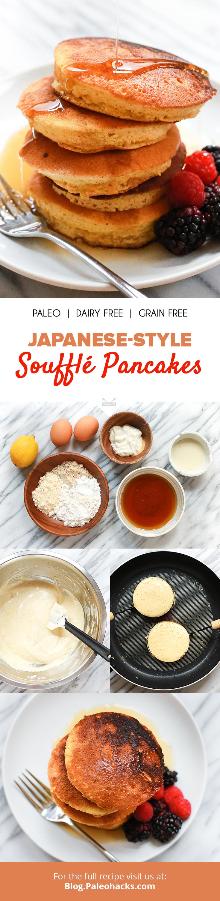 Today’s recipe makes a batch of thick and beautifully airy pancakes inspired by Japanese soufflé pancakes. This Paleo version is dairy-free and grain-free.