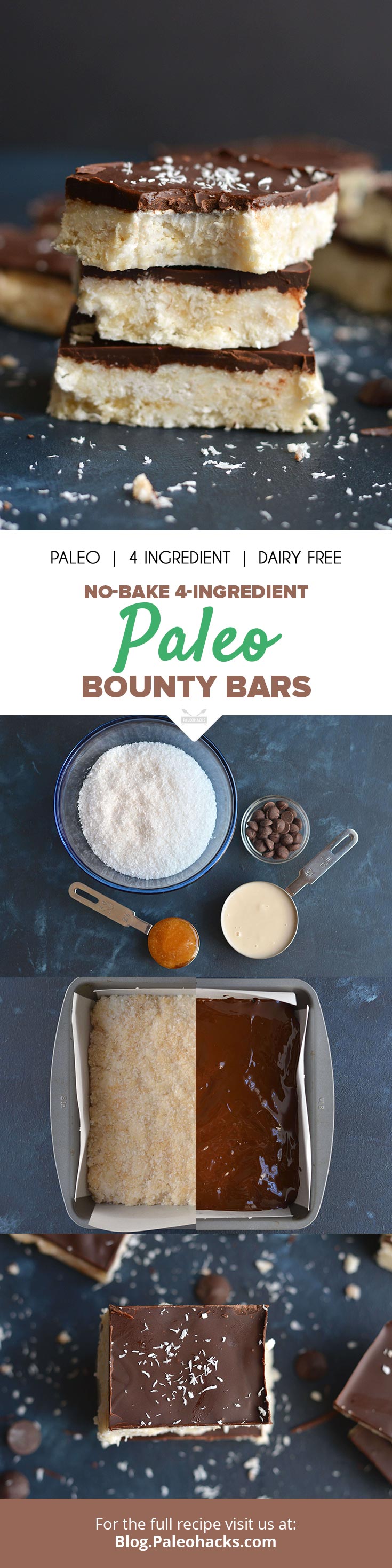 Bite into these Paleo Bounty Bars covered with dark chocolate for a sweet, no-bake treat.