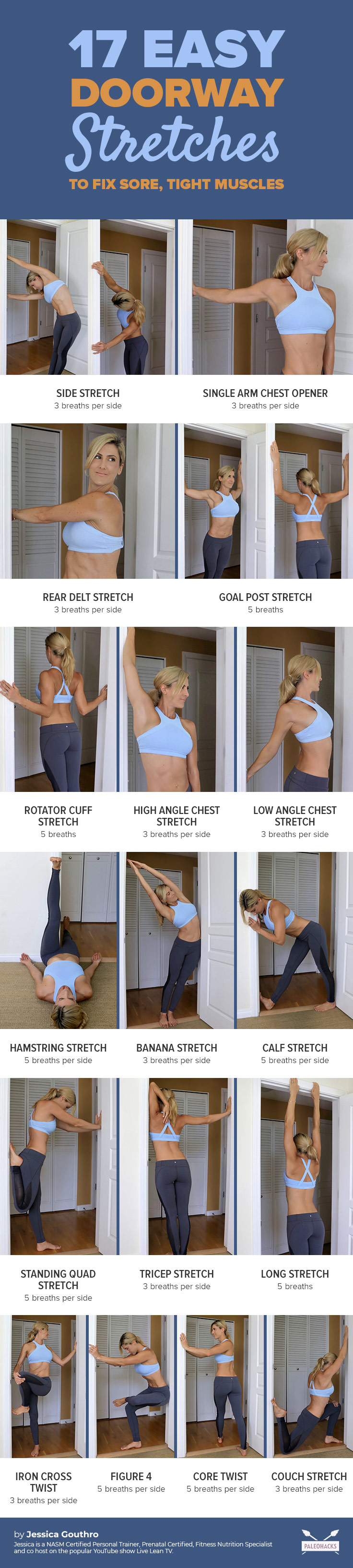 Tight hips and shoulders? Legs feeling achy? Do these easy doorway stretches to ease tension from head to toe.