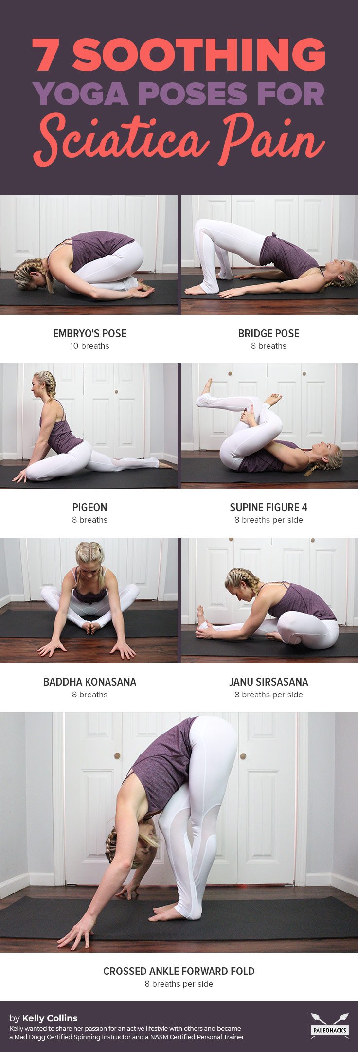 If you suffer from a radiating pain in your lower back and down through your leg, you may have sciatica. Here are seven easy, soothing yoga poses for sciatica pain relief.