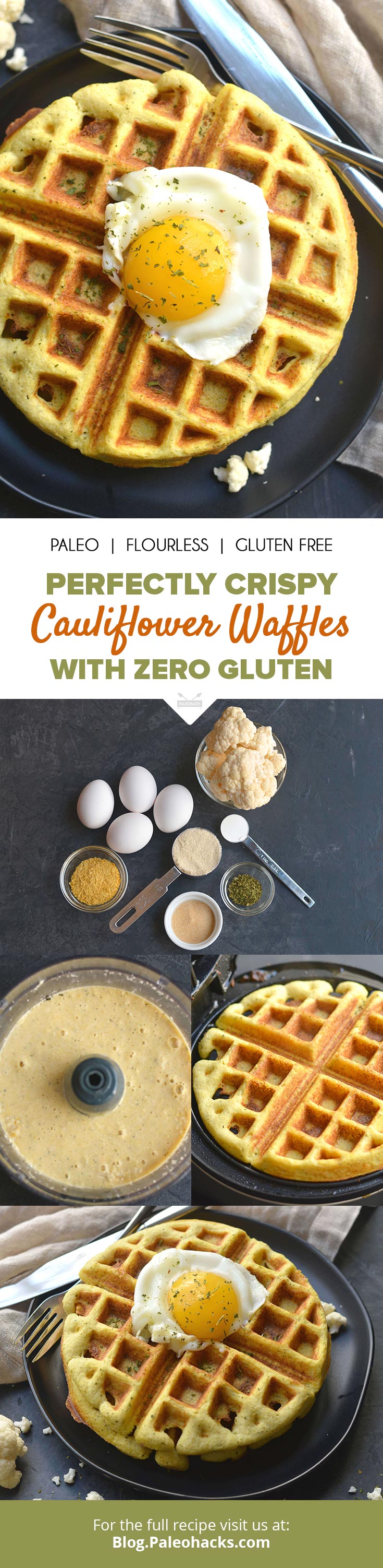 Soft and savory, these cauliflower waffles make for a healthy and gluten-free breakfast. Try with crispy chicken or top with a runny egg for breakfast.