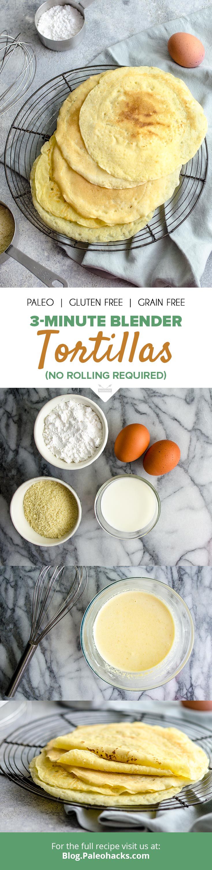 Try these quick and easy blender Paleo tortillas that you can cook up in three minutes and load up with your favorite meats and veggies.