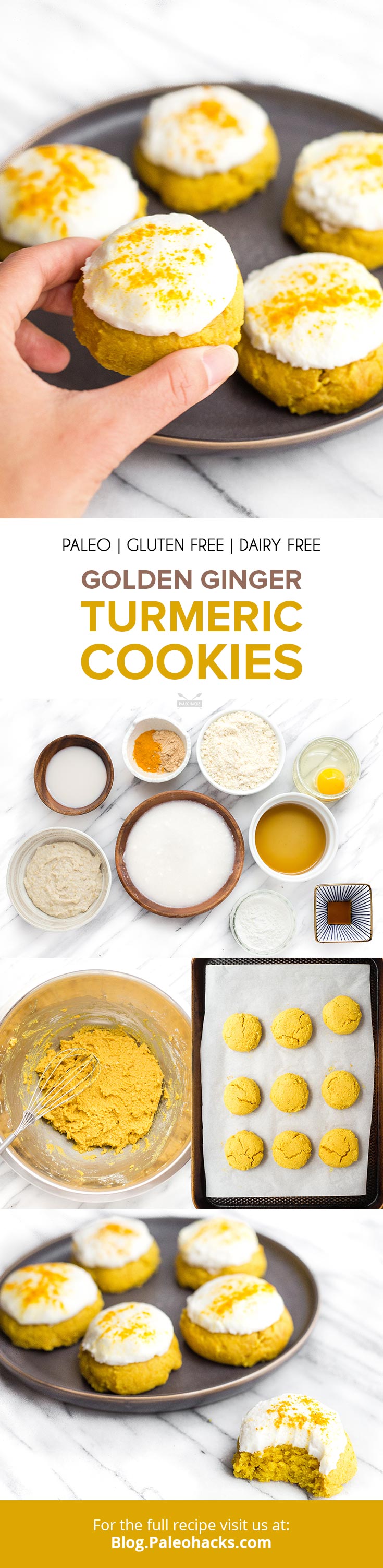 Bake up these golden turmeric cookies made with gluten-free flour and coconut cream icing. Half cookie, half cake, and none of the guilt!
