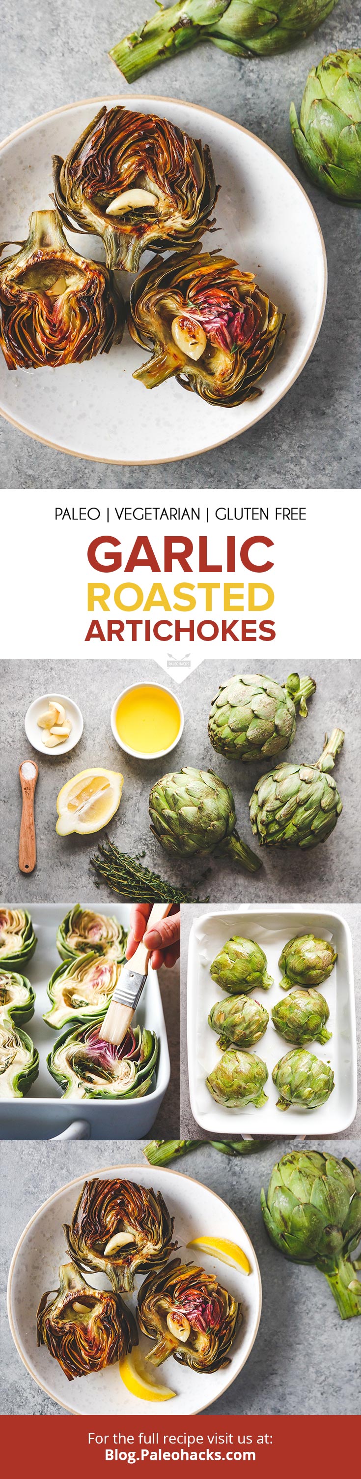 Easily roast up artichokes with melted ghee, lemon, and fresh herbs for a savory 6-ingredient appetizer!