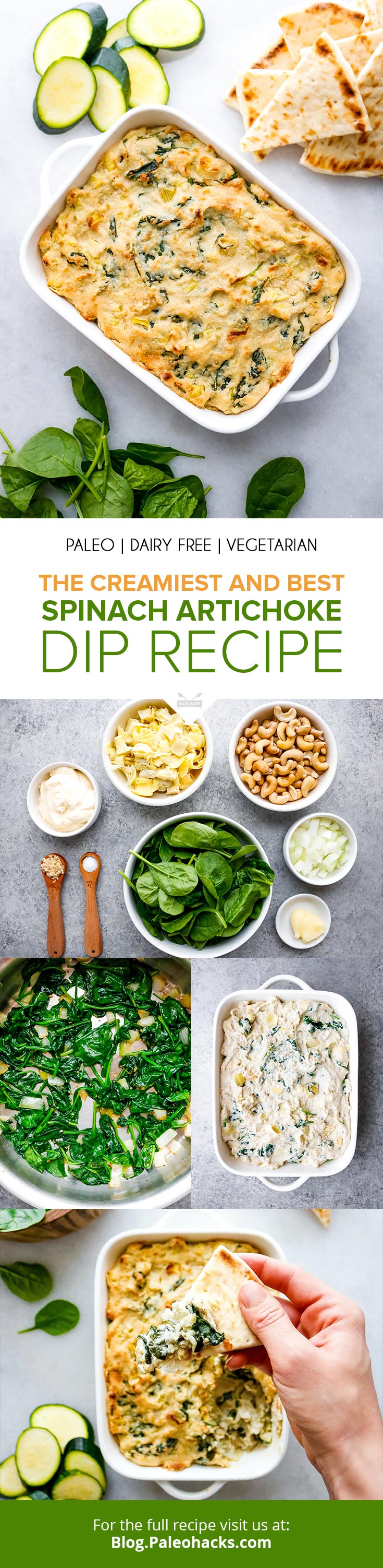 This classic appetizer gets a Paleo makeover, with a creamy, dairy-free cashew base, pan-wilted spinach, and hearty chunks of artichoke heart.