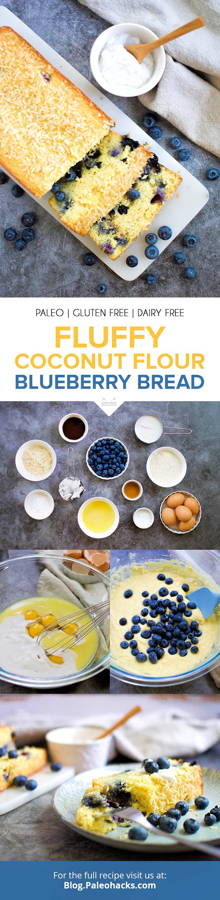 Craving a Paleo treat? Make this lighter-than-air blueberry coconut bread with just 10 minutes of prep!
