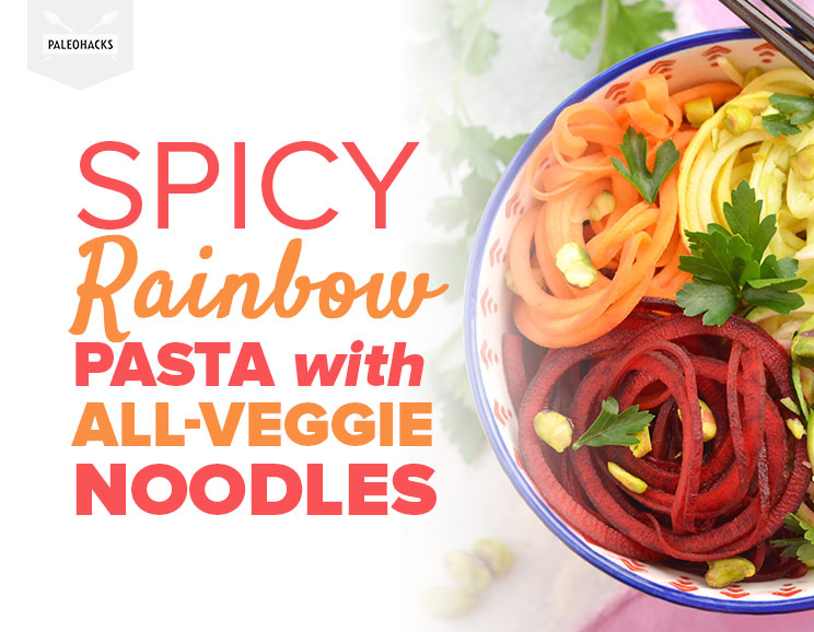 Spice lovers will fall head over heels for this Paleo rainbow pasta. The spicy sauce is cooked right in the pan with the veggies for a no-fuss meal!
