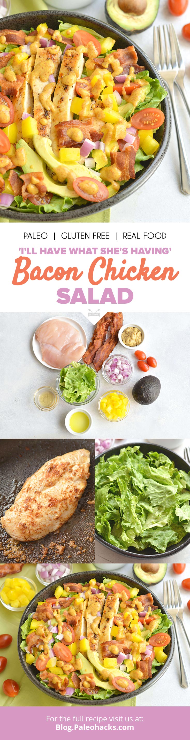 Take your salad up a notch with this epic bacon chicken salad loaded with a rainbow of veggies and topped with an easy 4-ingredient dressing.