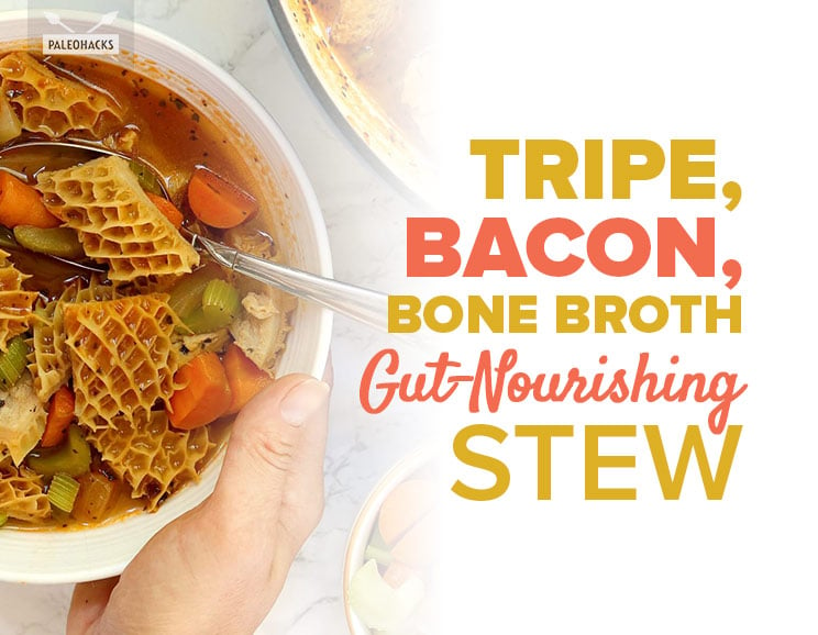 Honeycomb tripe simmers in a rich ghee and tomato sauce with veggies and crisp bacon for a protein-rich dish full of hearty flavor.